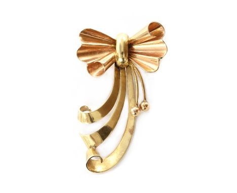 A Dutch gold bow brooch, with pin and roller catch, tested as approximately 14ct gold, Dutch oak leaf assay mark, maker's mar