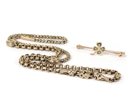 A gold fancy link chain, early 20th century, with barrel clasp, tested as approximately 9ct gold, 395mm long, together with a