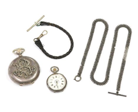 A silver side wind lever set hunter pocket watch, with applied monogram to the cover, to white enamel dial, black Roman numer