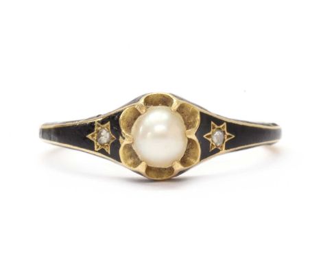 A Victorian gold enamel, split pearl and diamond memorial ring, with a split pearl claw set to a fluted collet, to black enam