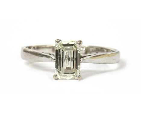 An 18ct white gold single stone emerald cut diamond ring, an emerald cut diamond, with an estimated weight of approximately 1