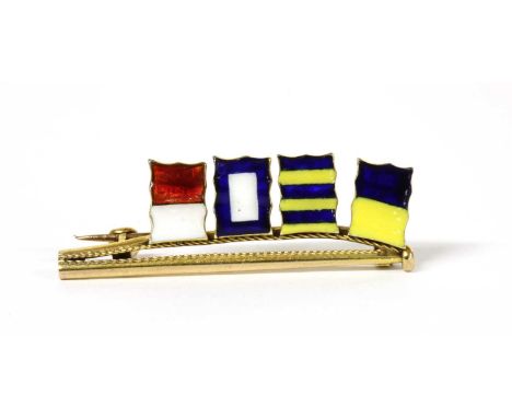A gold enamel signal flag brooch, by Benzie of Cowes, the enamelled flag hoist flags spelling KPHG, to pin and safety catch, 