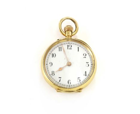 A gold open-faced pin set fob watch, 31mm diameter, with a white enamel dial, black Arabic numerals and gold spade hands, wit