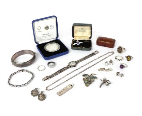 A quantity of silver jewellery, to include a blue topaz line bracelet, a single stone amethyst ring, a pair of Victorian drop