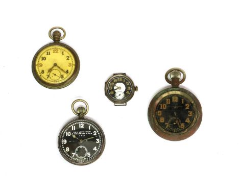 Four military watches, to include a sterling silver mechanical wristwatch head, import hallmark London 1915, an open-faced to