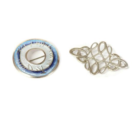A silver Tudor scroll brooch, by Ola Gorie, marked OMG ST SIL, with box, together with a sterling silver enamel 'Skyran' broo