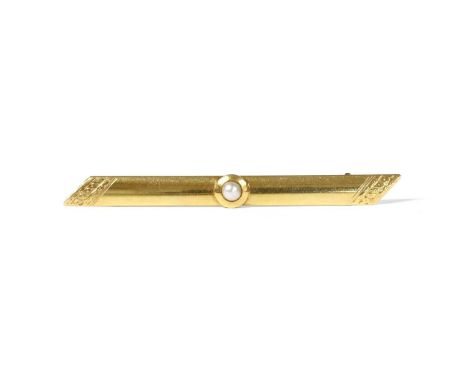 A Swedish gold pearl bar brooch, a split pearl rub set to the centre of the plain bar, with diagonal hand engraved terminals,