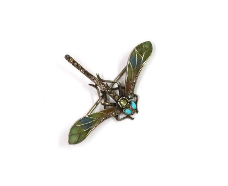 A Continental Art Nouveau silver plique-à-jour enamel, turquoise and paste set dragonfly brooch, with cabochon turquoise eyes