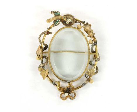 A Victorian gold turquoise, split pearl and pearl locket pendant/brooch, glazed panels, rub set, to openwork wire frame, with