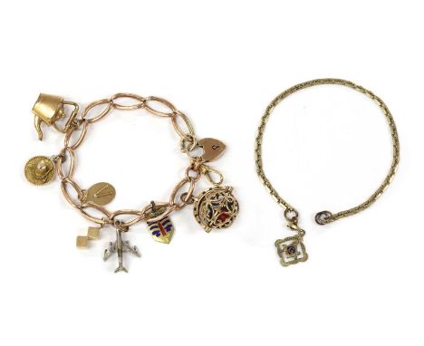 A gold charm bracelet, a 9ct gold open curb link bracelet with heart shaped padlock clasp, Birmingham, and later gold swivel 