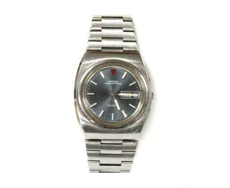 A gentlemen's stainless steel Omega 'Megaquartz' bracelet watch, c.1970, tonneau case with a grey dial, baton hour markers an