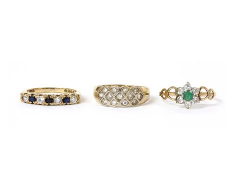 Three 9ct gold rings, to include a sapphire and paste half eternity ring, London 1982, a three row cubic zirconia ring, Birmi