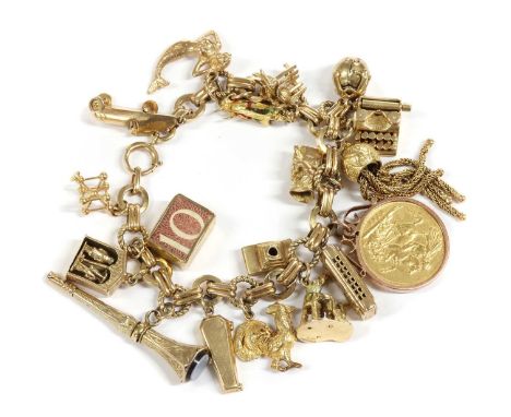 A 9ct gold charm bracelet, a 9ct gold bracelet by Cropp &amp; Farr, with alternating plain polished and twisted wire links, t