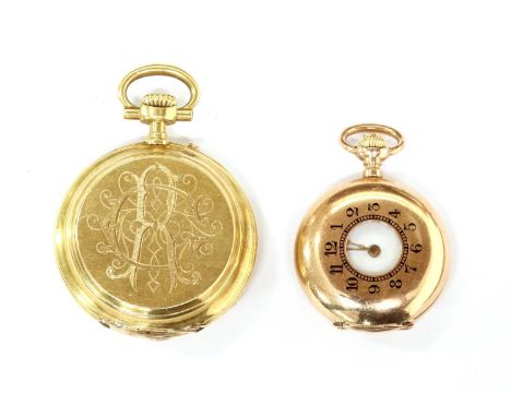 A gold pin set hunter fob watch, 30mm diameter, the cover with hand engraved monogram, to white enamel dial, black Roman nume