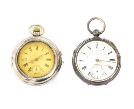 A sterling silver open-faced key wound pocket watch, 52mm diameter with a white enamel dial marked The Express English Lever,