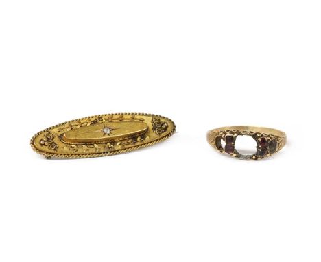 A Victorian 15ct gold ring mount, stones deficient, hallmark worn, together with a gold diamond set brooch, tested as approxi