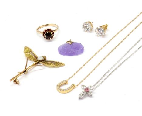 A quantity of gold jewellery, to include a gold opal and plique-à-jour enamel dragonfly pendant, tested as approximately 9ct 