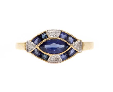 A 9ct gold sapphire and diamond lozenge ring, possibly by Luke Stockley Jewellery, with a marquise cut sapphire, rub set, to 