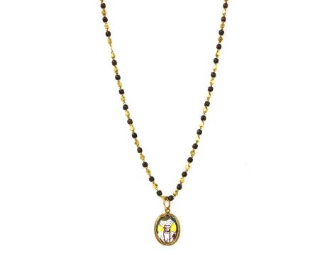 An Indian high carat gold pendant and chain, with a gold enamel pendant, damaged, suspended on a high carat gold chain with a