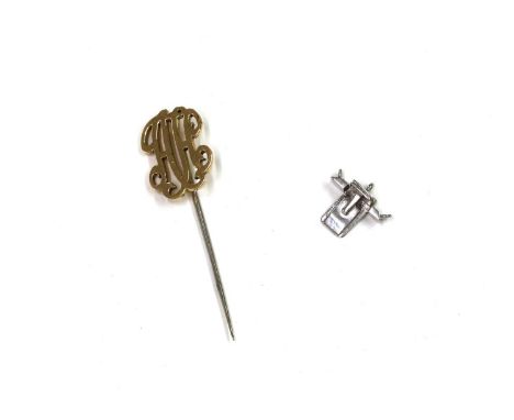 A gold monogram stick pin, with initials AA, tested as approximately 14ct gold with 9ct gold pin, 2.40g, together with a sect