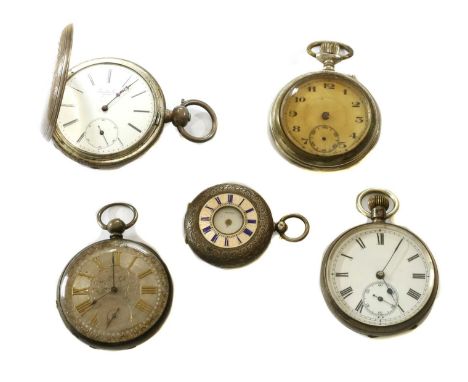 A quantity of pocket watches, to include a Swiss silver key wound fob watch, with iridescent peach/pink enamel chapter ring t