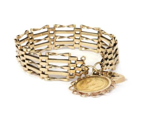 A 9ct gold gate bracelet, with alternating twisted and plain bars, to a heart shaped padlock clasp, London 1973, suspending a