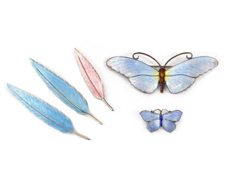 A sterling silver enamel butterfly brooch, Birmingham 1918, maker's mark EAP&amp;Co, 85mm wide, together with a smaller sterl
