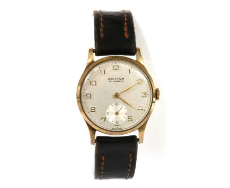 A gentlemen's 9ct gold Griffon mechanical strap watch, c.1960, 34mm diameter with a silvered dial, Arabic numerals and subsid
