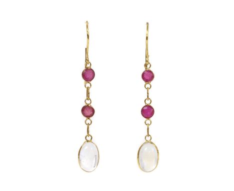 A pair of gold moonstone and ruby drop earrings, with an oval cabochon moonstone surmounted by two round mixed cut rubies, al