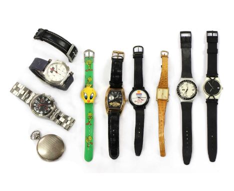 A quantity of watches, to include two gentlemen's Swatch 'Irony' quartz watches, a ladies' Swatch quartz watch, a TV-am quart