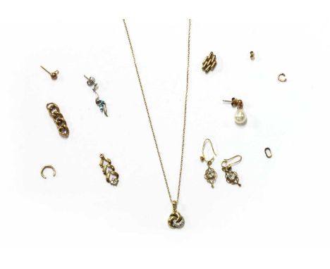 A quantity of jewellery, to include a 9ct gold diamond set pendant on trace link chain, a pair of 9ct gold paste set earrings