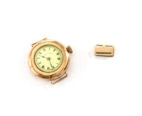A 9ct gold Dreadnought mechanical watch, 28mm diameter, with a white enamel dial, black Roman numerals and red '12', and spad