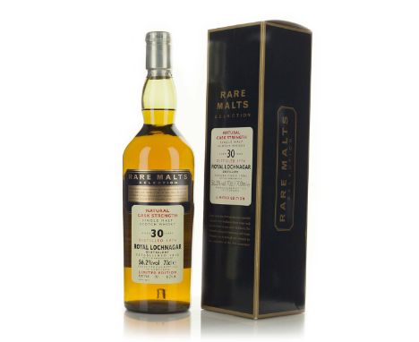 ROYAL LOCHNAGAR SINGLE MALT SCOTCH WHISKY 30 YEARS (ONE 700 ML)Scotland. 56.2% ABV / 700 mlDistilled: 1974Bottle: #780Notes: 