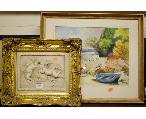 A reproduction composition relief panel of cherubs, coastal scene watercolour, and two others (4)
