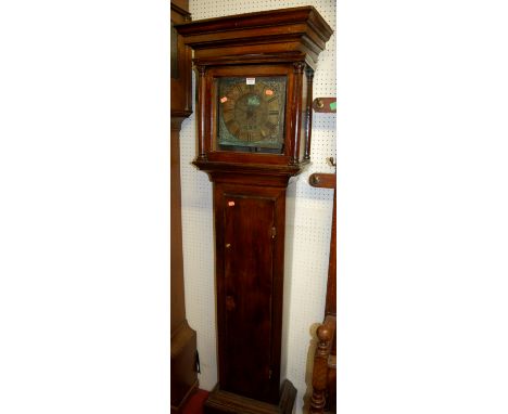 An antique provincial oak longcase clock, having associated cast brass 10" dial, signed Vokins, New Town, 30 hour weight driv