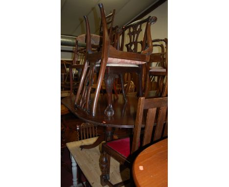 Two Chippendale style mahogany dining chairs; and Edwardian satinwood strung elbow chair; and a bedroom chair (4)