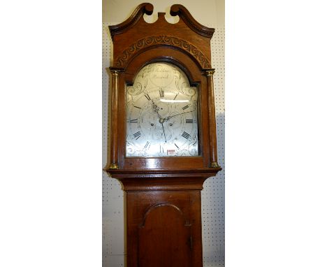 John Rowlands of Berwick early 19th century oak longcase clock, having swan neck pediment and two 3/4 turned pilasters flanki