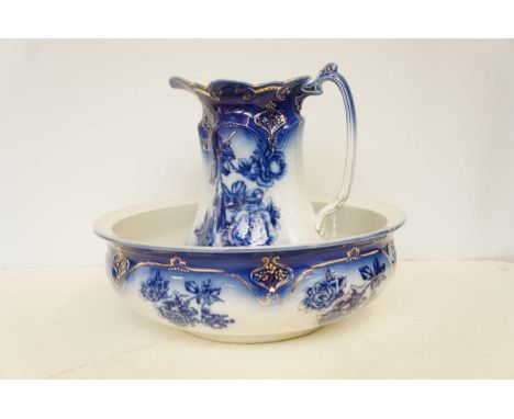 Large blue &amp; white jug &amp; basin