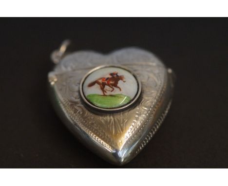 Silver heart vesta case horse &amp; jockey enamel 