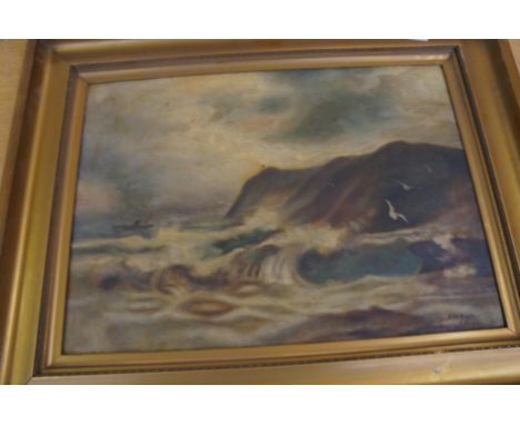 Framed oil on canvas seascape signed E. M . Walls 1921 56 cm x 72 cm size including frame