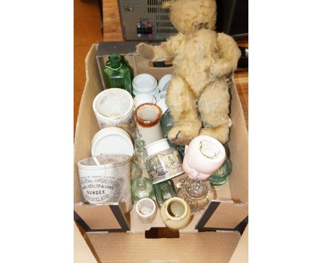 Box of glass &amp; ceramics to include a Pratt ware inkwell &amp; vintage teddy bear 