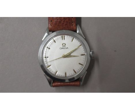 A 1950's gents Omega manual wind wristwatch - steel case - approx 34mm - engraved back dated 1955 - working in the saleroom 