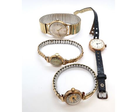A gents 9ct yellow gold cased Avia manual wind wristwatch, case 32mm (working in the saleroom) with plated strap together wit