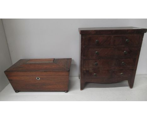A 19th century miniature chest of drawers - 30cm x 28cm and a 19th century tea caddy 