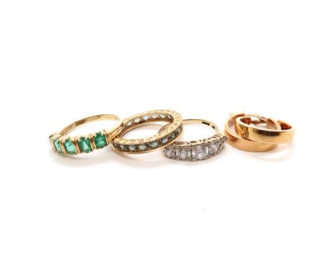 Two 14ct hallmarked yellow gold and emerald rings-eternity and 5 stone- and a pair of 14ct hallmarked yellow gold hoop earrin