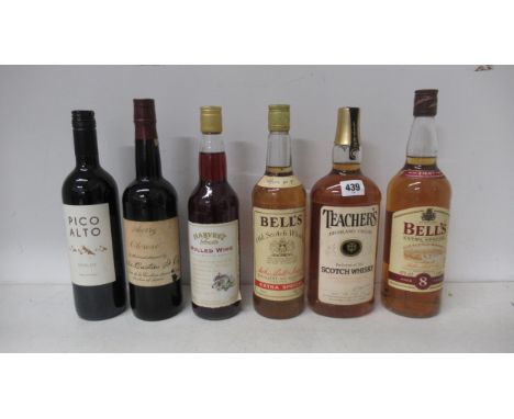 Three bottles of Scotch whisky together with a bottle of sherry and two bottles of wine 