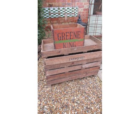 Six vintage apple crates and a Green King bottle holder 