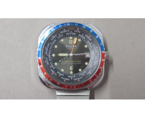 SICURA. Globetrotter 70's world timer. Manual 4 hands and sweep seconds. 40mm. Outer numbered bi direct bezel. Working 