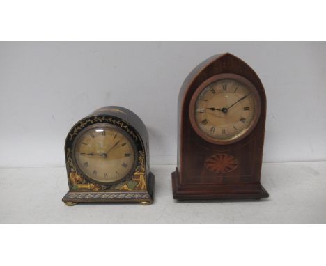 A small French chinoiserie mantel clock - 14cm - not currently working - together with a mahogany and inlaid mantel clock - 2