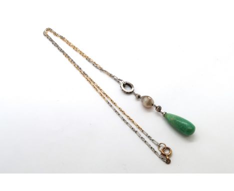 A jade, pearl and diamond drop pendant set in silver, approx 2.8 grams - on an approx 9ct (tested) bi colour chain - 45cm - w